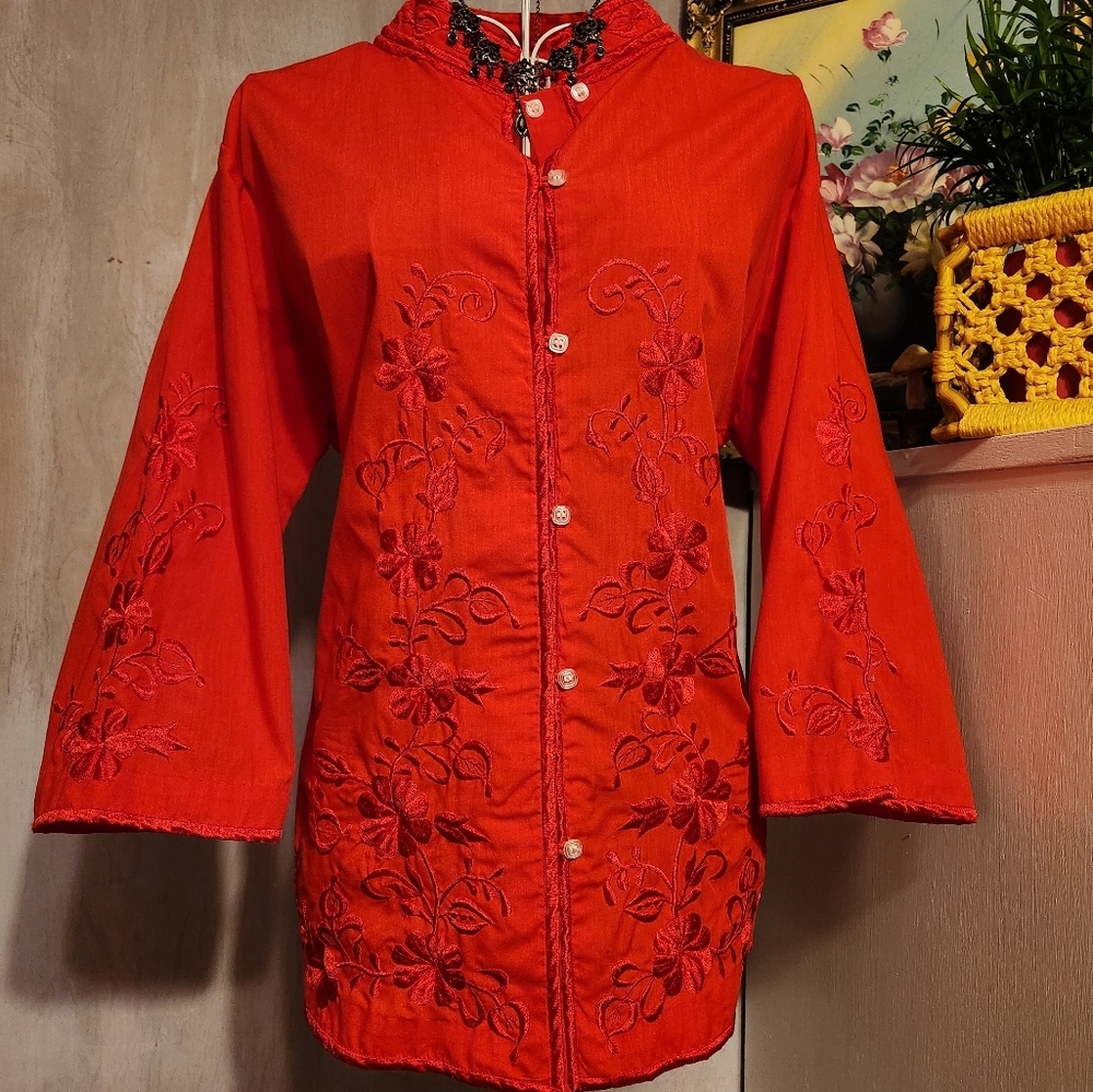 Stunning Red Mandarin Collar Embroidered Tunic Shirt by Daisy's Creations